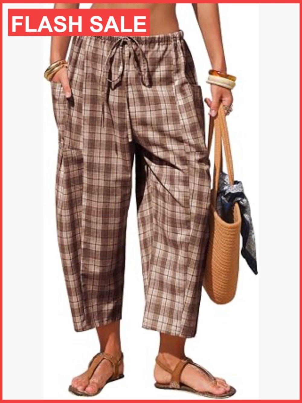 Womens Cotton Faux Linen Gingham Harem Capri Pants Wide Leg Palazzo Summer